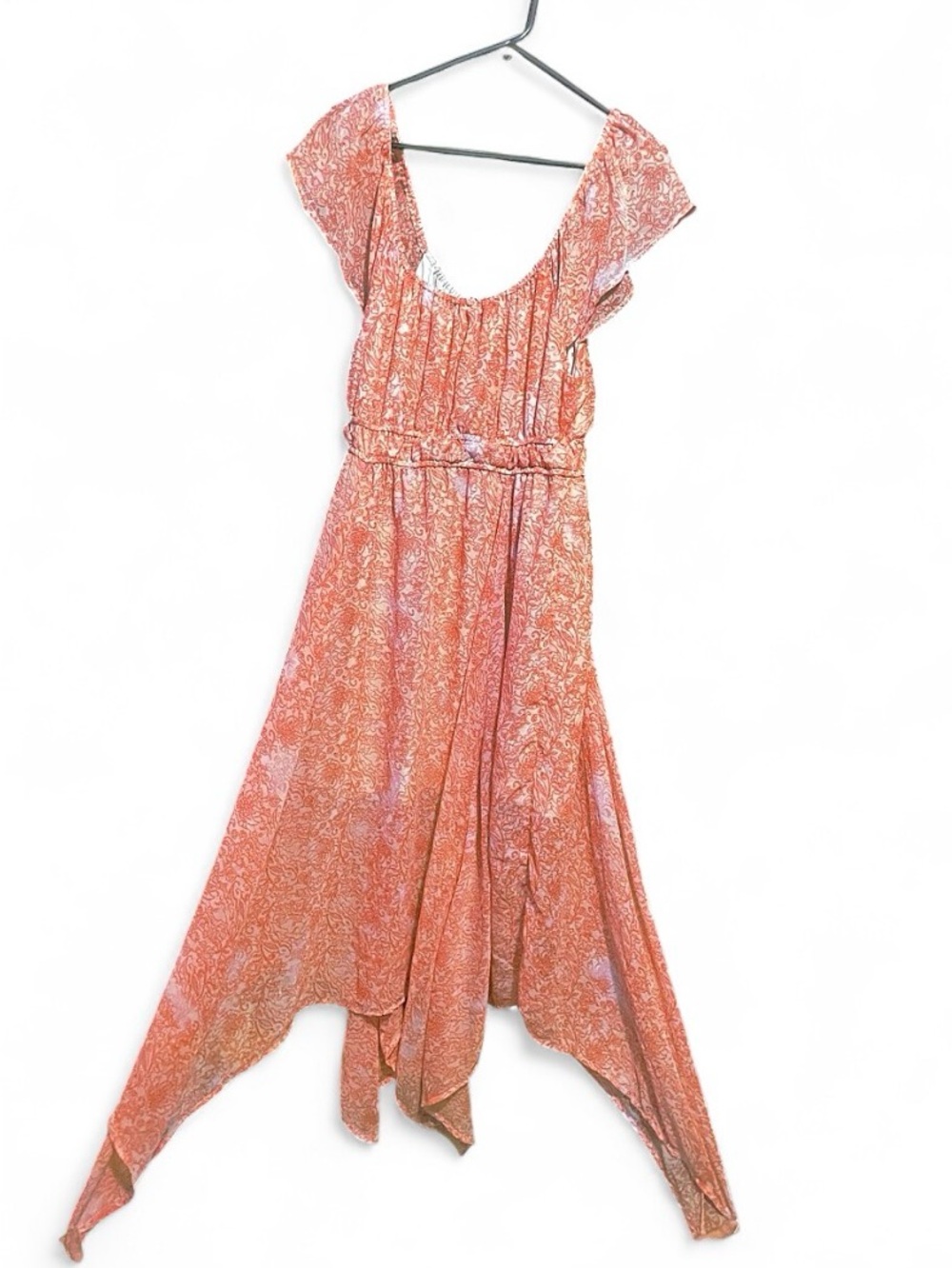 Dizzy Lizzy Coral Orange Paisley Handkerchief Hem Cottagecore Boho Midi Dress XL - Picture 9 of 16
